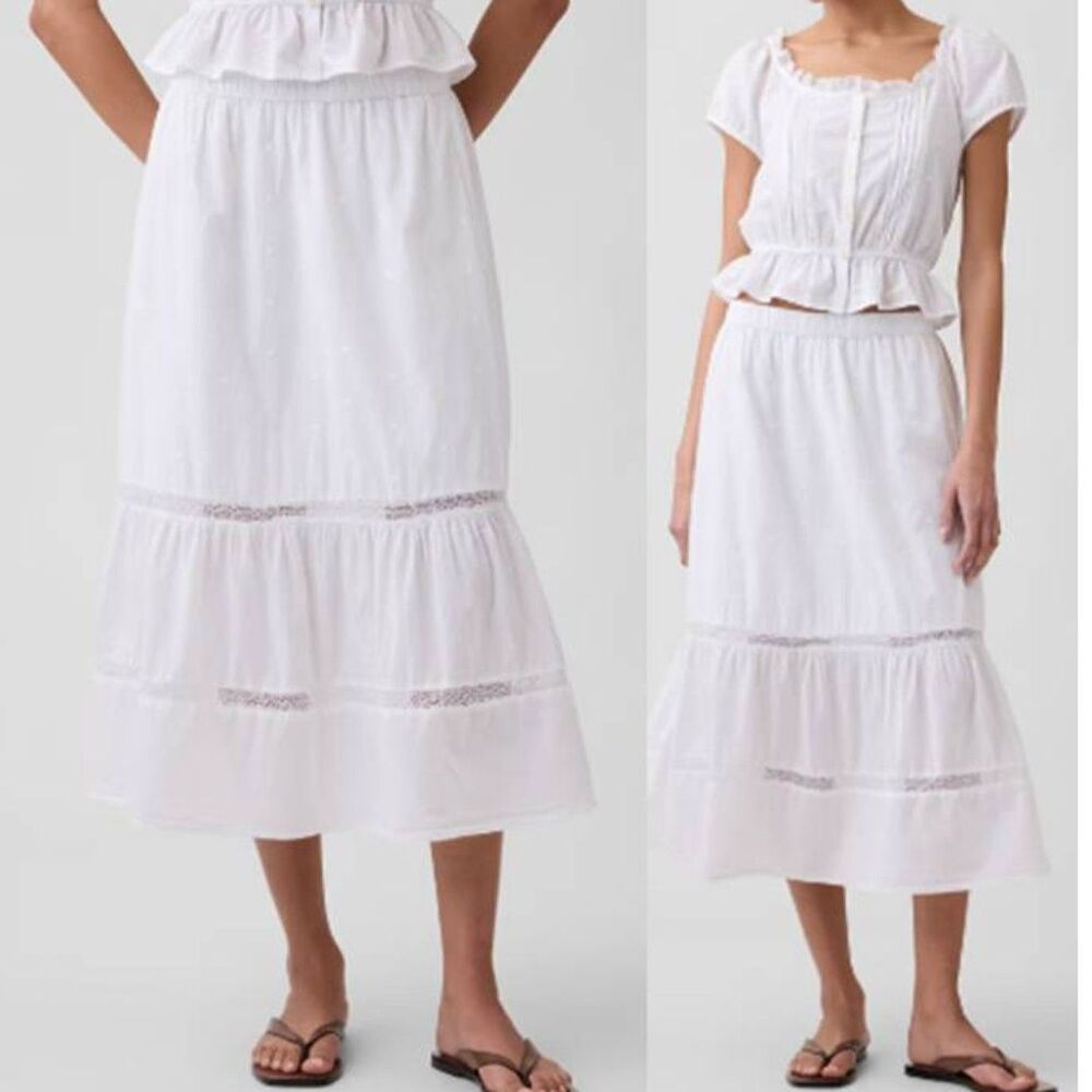 Gap Women's Relaxed Tiered Maxi Skirt 100%  Smooth Cotton Party Beach White